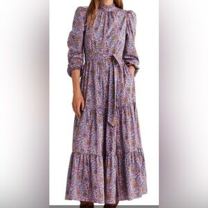 Boden Mutton Sleeve Tiered Maxi Dress Cherry Blossom Floral 12p Petite Cotton